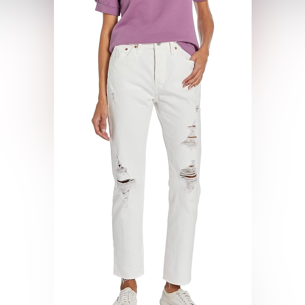 Levi's Wedge Jeans High Rise Button Fly Tapered Distressed white